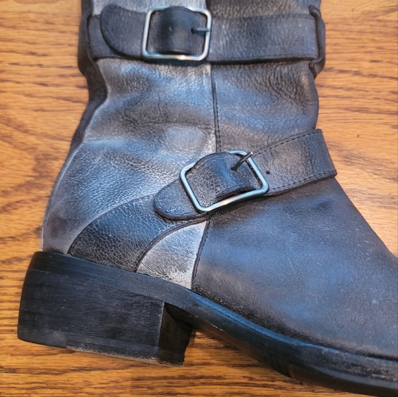 Rezzo Distressed Black White Genuine Leather Moto Combat Shoes Tall Boots - Picture 7 of 14